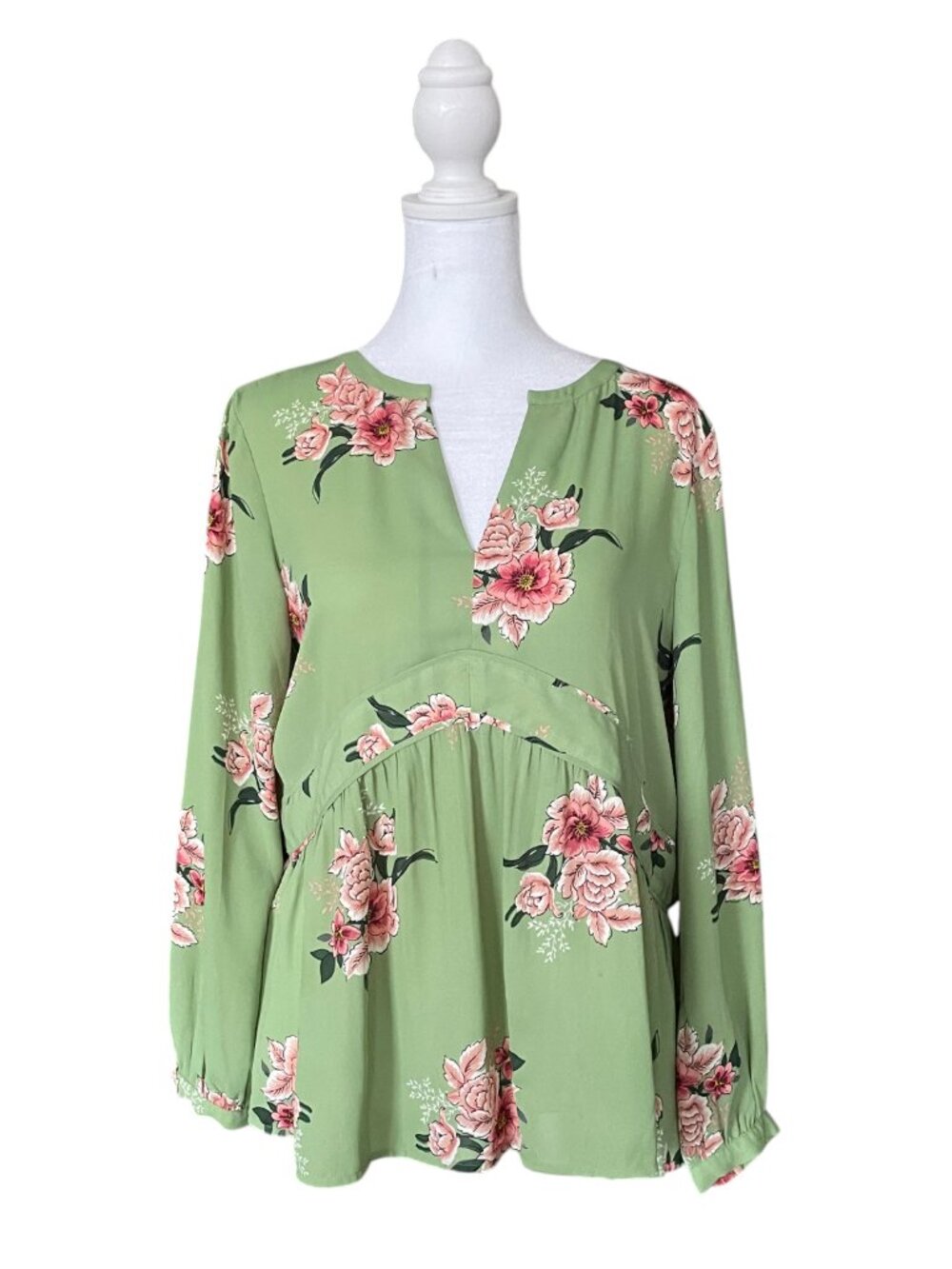 LOFT Spring Green Floral Babydoll Blouse w/ Pink Peony Print – XS